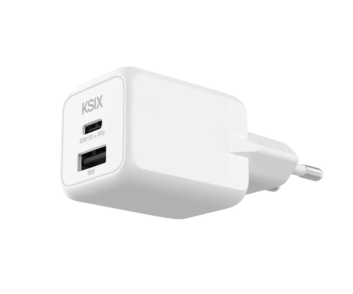 KSIX BCD30GANACB BLANCO / CARGADOR DE RED ELÉCTRICA 30W / 1 X USB-C + 1 X USB-A