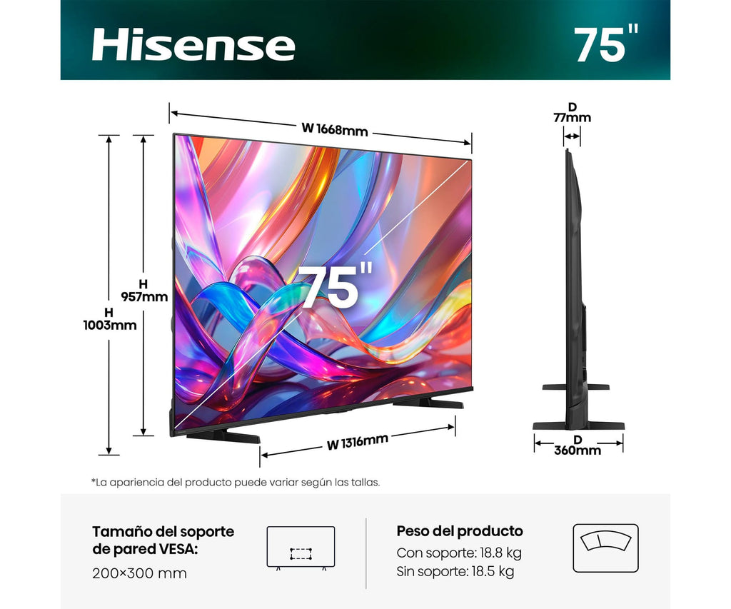 HISENSE 75E7S / TELEVISOR SMART TV 75" QLED UHD 4K HDR - detalle