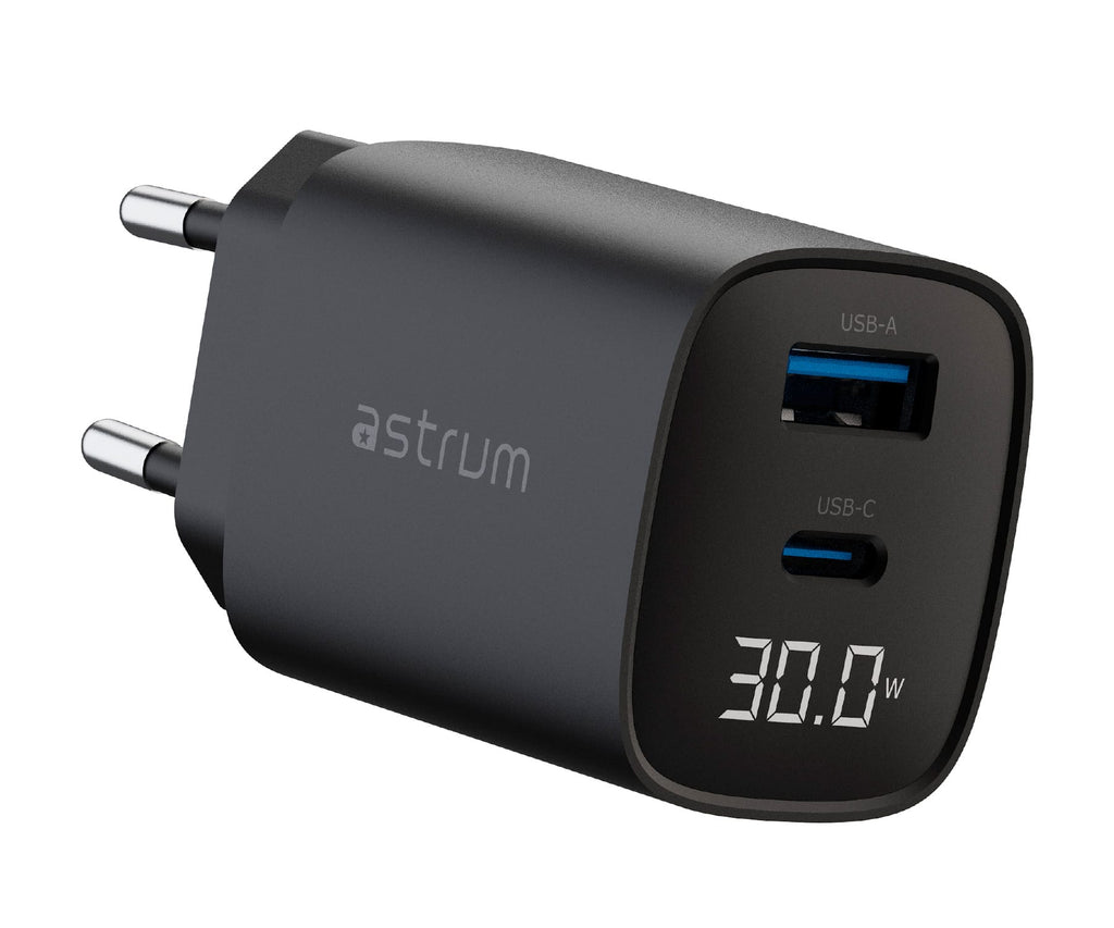 ASTRUM WATZ30L NEGRO / ADAPTADOR DE CORRIENTE CON PANTALLA LED INTEGRADA / 20W / USB-A + USB-C / PD GAN - detalle