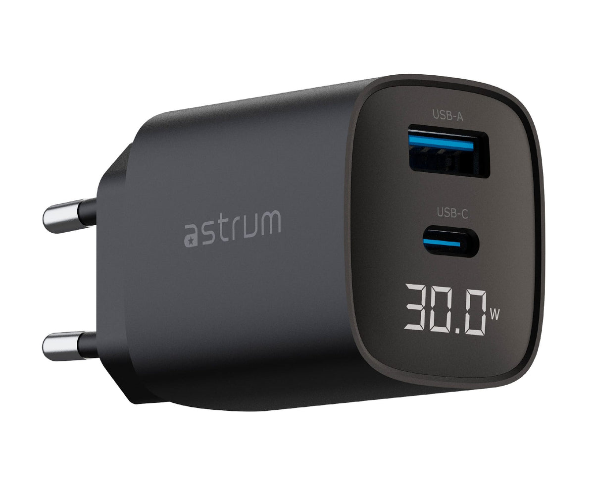 ASTRUM WATZ30L NEGRO / ADAPTADOR DE CORRIENTE CON PANTALLA LED INTEGRADA / 20W / USB-A + USB-C / PD GAN