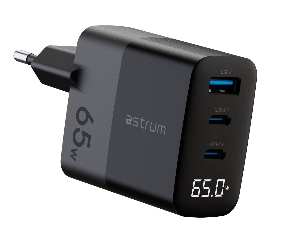 ASTRUM WATZ 65G NEGRO / ADAPTADOR DE CORRIENTE CON PANTALLA LED INTEGRADA / 65W / 1 PUERTO USB-A Y 2 PUERTOS USB-C - detalle