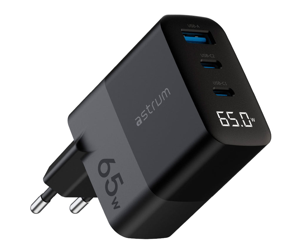 ASTRUM WATZ 65G NEGRO / ADAPTADOR DE CORRIENTE CON PANTALLA LED INTEGRADA / 65W / 1 PUERTO USB-A Y 2 PUERTOS USB-C - detalle