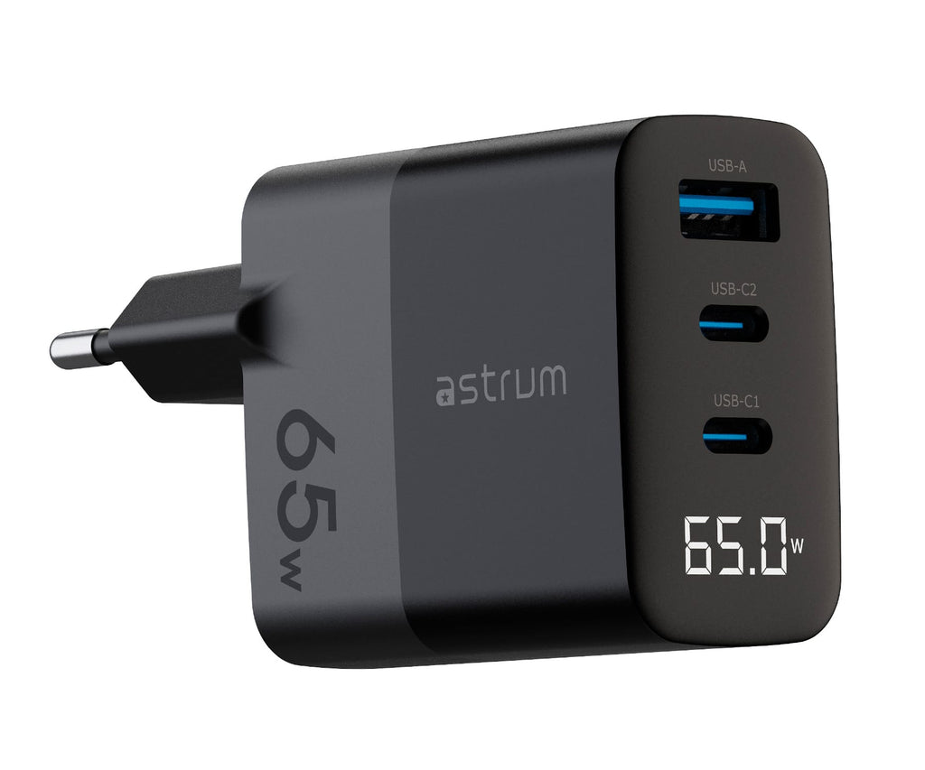 ASTRUM WATZ 65G NEGRO / ADAPTADOR DE CORRIENTE CON PANTALLA LED INTEGRADA / 65W / 1 PUERTO USB-A Y 2 PUERTOS USB-C