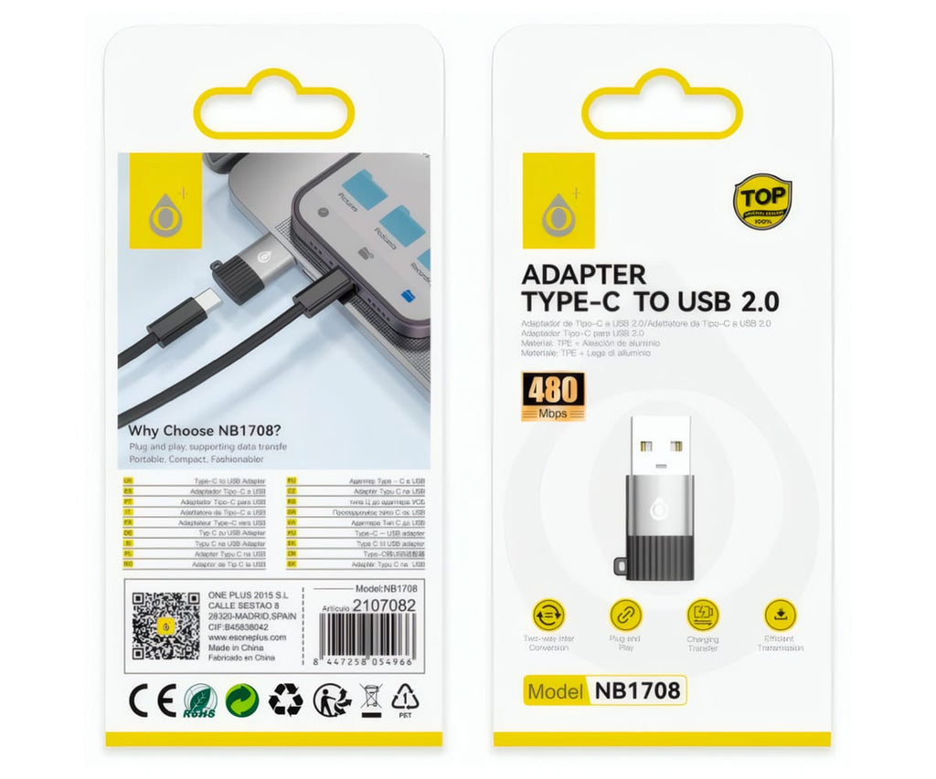 JC NB1708 NEGRO / ADAPTADOR ALUMINIO TIPO-C A USB-A 2.0 CON FUNCIÓN DE CARGA Y TRANSFERENCIA DE DATOS - detalle