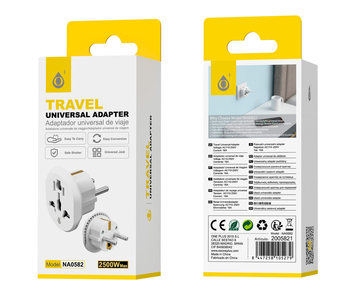 JC NA0582 BLANCO / ADAPTADOR DE CORRIENTE UNIVERSAL PARA VIAJE / 2500W MAX / 16A - detalle