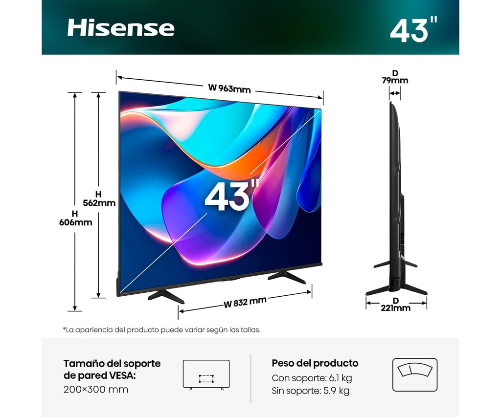 HISENSE 43A6S / TELEVISOR SMART TV 43" / DIRECT LED 4K HDR - detalle