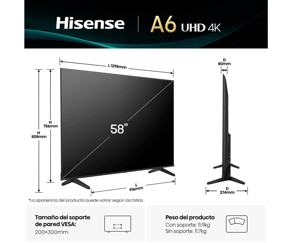 HISENSE 58A6Q / TELEVISOR SMART TV 58'' UHD 4K HDR - detalle