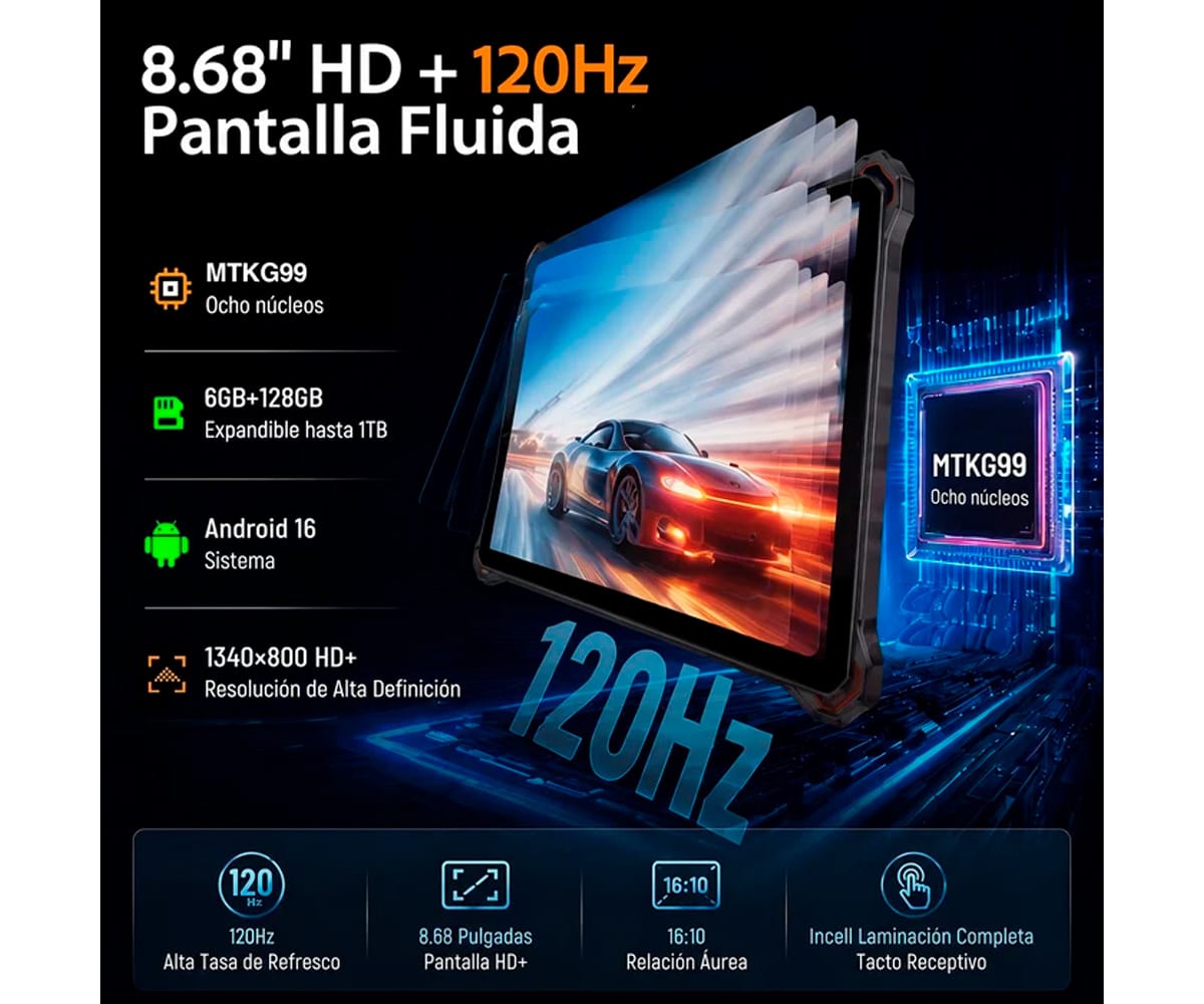 AGM PAD P3 COMPACT BLACK / RUGERIZADO / 4G / 6+128GB / 8.68" 120HZ HD+ - detalle
