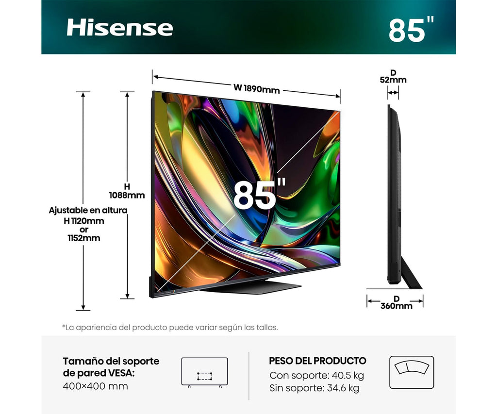 HISENSE 85UR8S / TELEVISOR SMART TV 85" RGB MINILED UHD 4K HDR - detalle