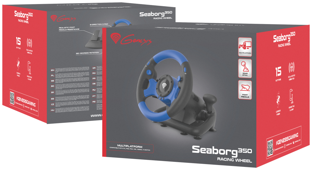 GENESIS Seaborg 350 Negro. Azul USB Volante + Pedales Nintendo Switch. PC. PlayStation 4. Playstation 3. Xbox 360. Xbox One. Xbox Series S. Xbox Series X - detalle