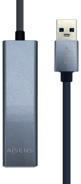 AISENS Conversor USB 3.0 a ethernet gigabit 10/100/1000 Mbps + Hub 3 x USB 3.0. Gris. 15 cm - detalle