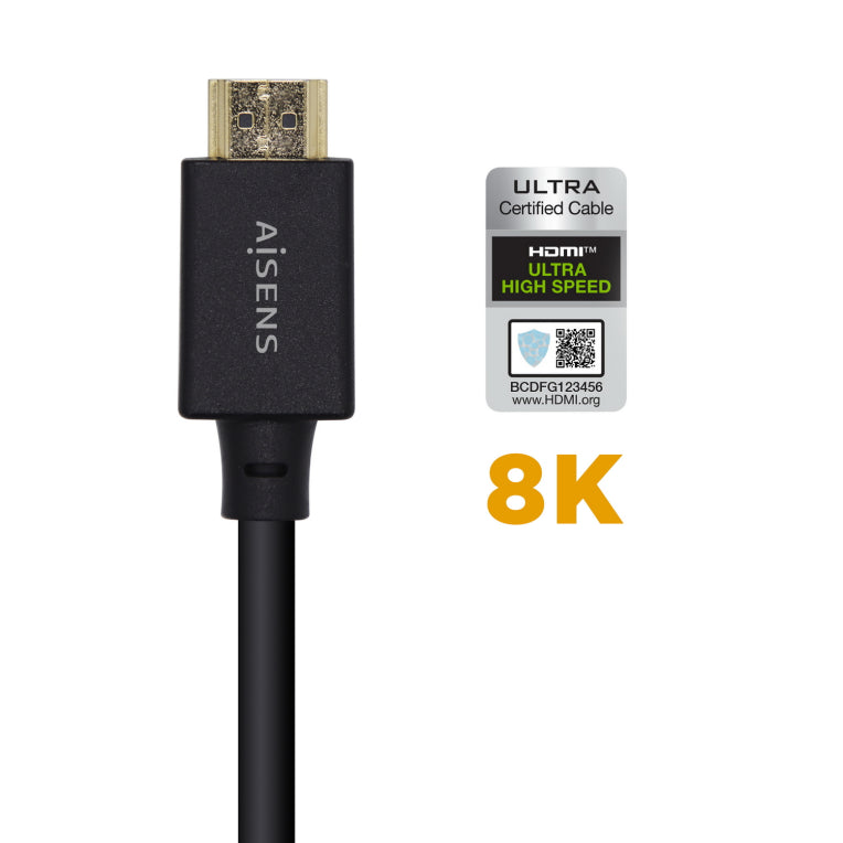 AISENS Cable HDMI V2.1 Ultra Alta Velocidad / HEC Certificado 8k@60Hz 48Gbps. A/M-A/M. Negro. 2.0m
