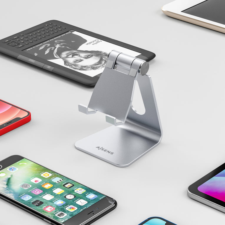 AISENS Soporte De Sobremesa Tamaño M Ajustable (1 Pivote) Para Movil / Tablet. Plata