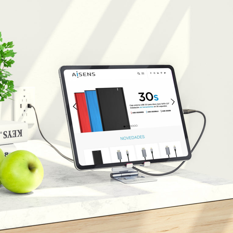 AISENS Soporte De Sobremesa Tamaño M Ajustable (2 Pivotes) Para Movil / Tablet. Plata