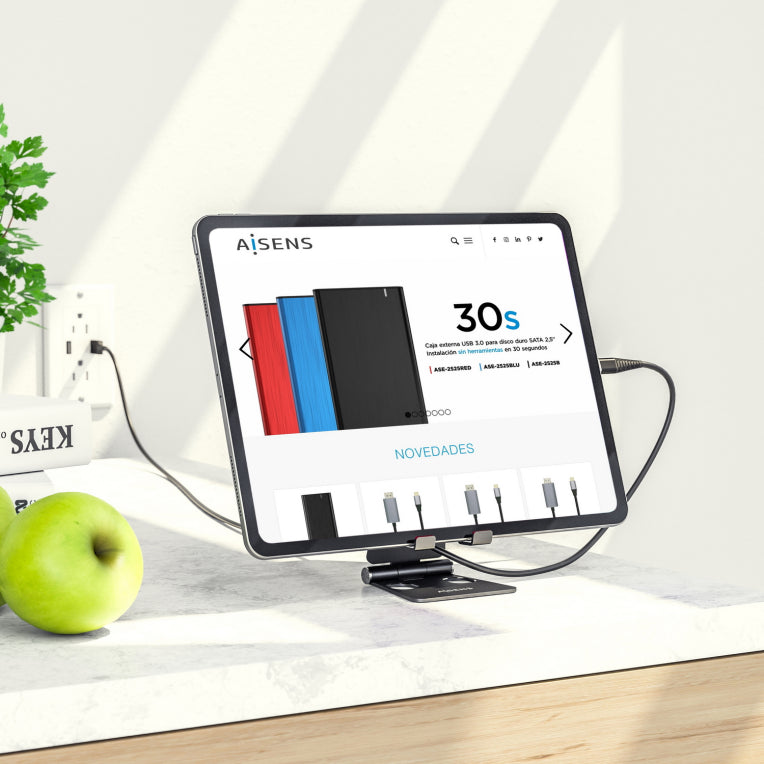 AISENS Soporte De Sobremesa Tamaño M Ajustable (2 Pivotes) Para Movil / Tablet. Negro