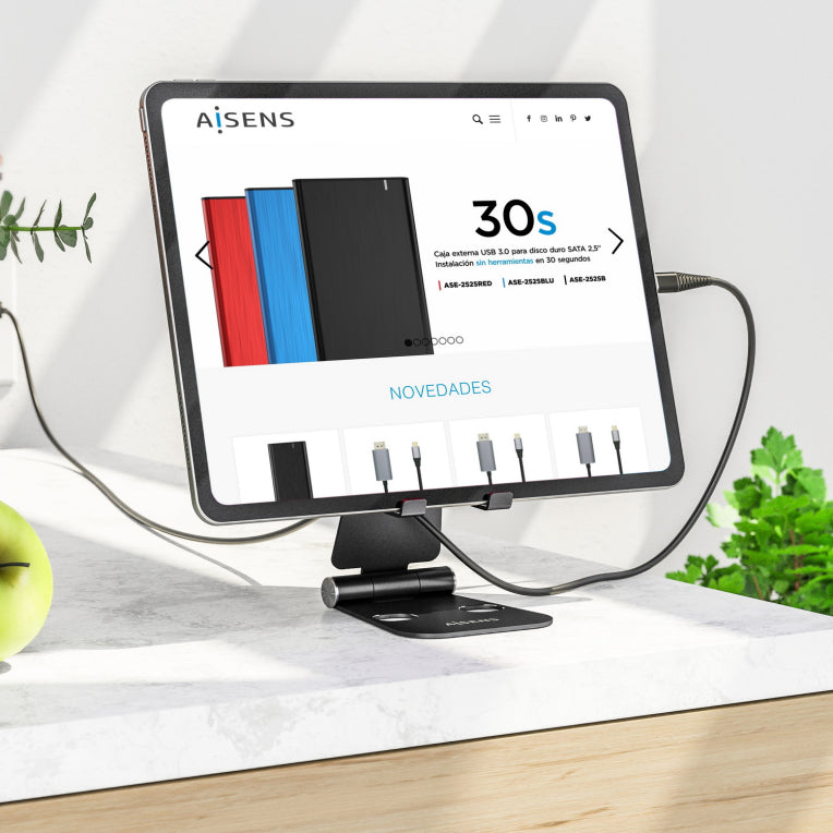 AISENS Soporte De Sobremesa Tamaño XL Ajustable (2 Pivotes) Para Movil / Tablet. Negro