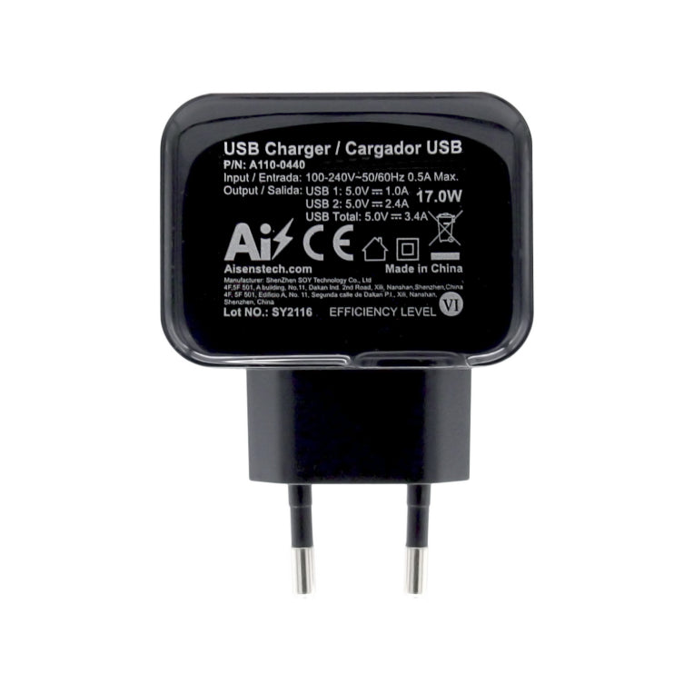 AISENS Cargador USB 17W 5V/3.4A. 2xUSB Con Control AI. Negro
