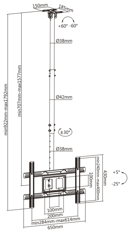 AISENS Soporte De Techo Giratorio. Inclinable. Extensible Para Monitor/TV 50kg De 37-80. Negro - detalle