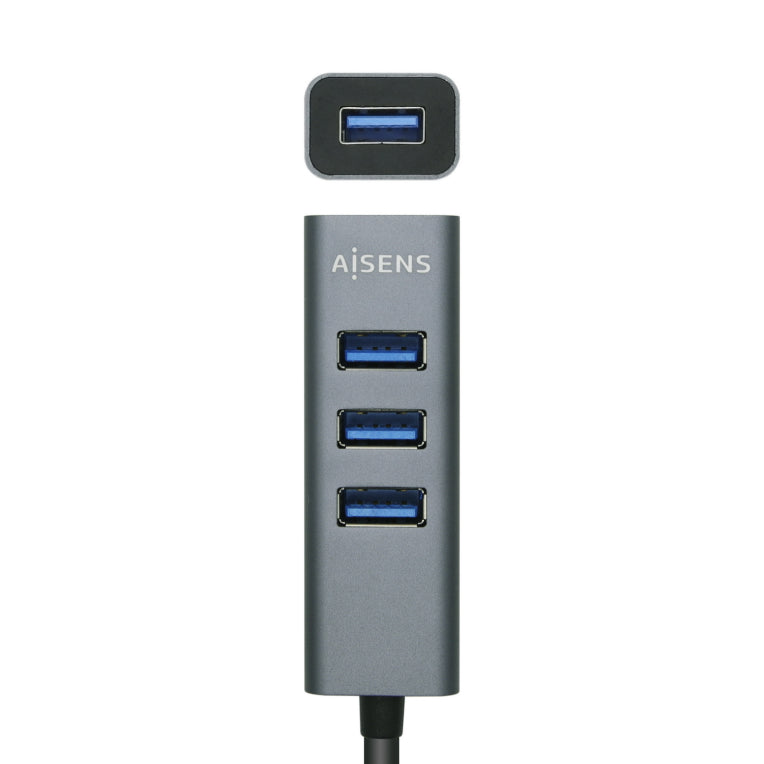 AISENS Hub USB3.0 Alumini. Tipus A/M - 4x Tipus A/H. Negre. 10 cm