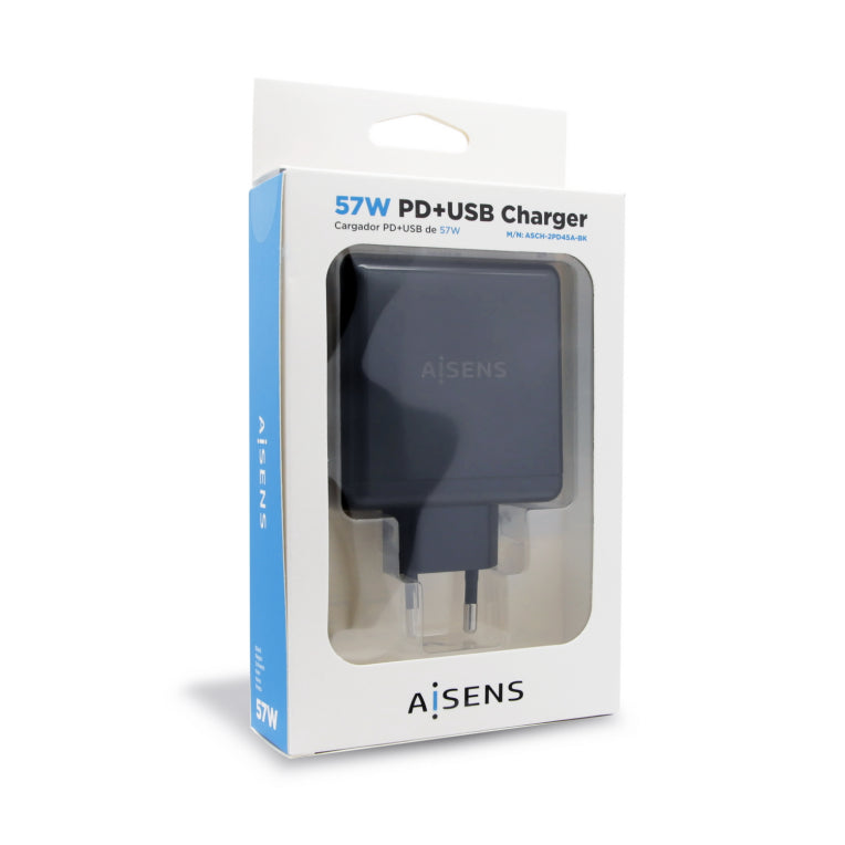 AISENS ASCH-2PD45A-BK cargador de dispositivo móvil GPS. Mando para videojuegos. MP3. MP4. Teléfono móvil. Portátil. Smartphone. Tableta Negro Corriente alterna Carga rápida Interior