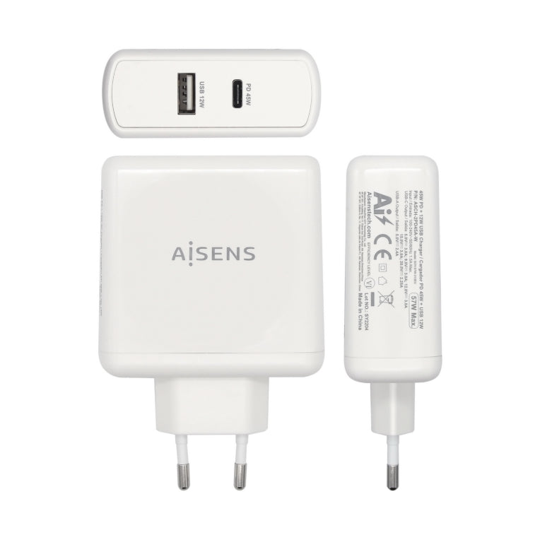 AISENS Cargador 57 W. 1x USB-C PD3.0 45 W. 1x USB-A 5 V / 2.4 A 12 W. Blanco