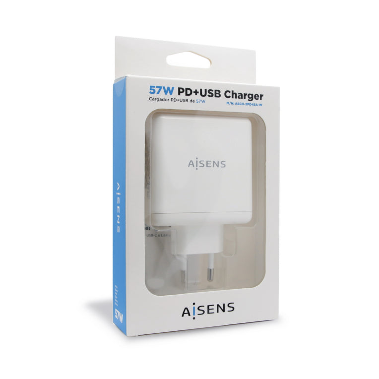 AISENS Cargador 57 W. 1x USB-C PD3.0 45 W. 1x USB-A 5 V / 2.4 A 12 W. Blanco
