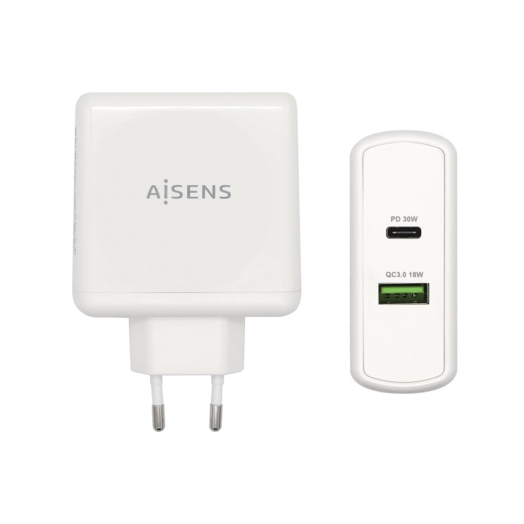 AISENS Cargador 48 W. 1x USB-C PD3.0 30 W. 1x USB-A QC3.0 18 W. Blanco