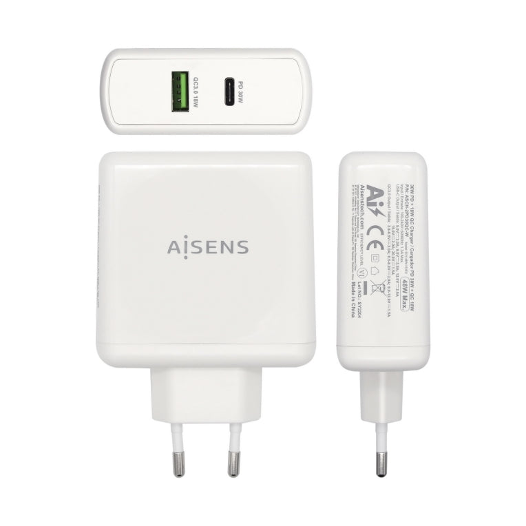 AISENS Cargador 48 W. 1x USB-C PD3.0 30 W. 1x USB-A QC3.0 18 W. Blanco