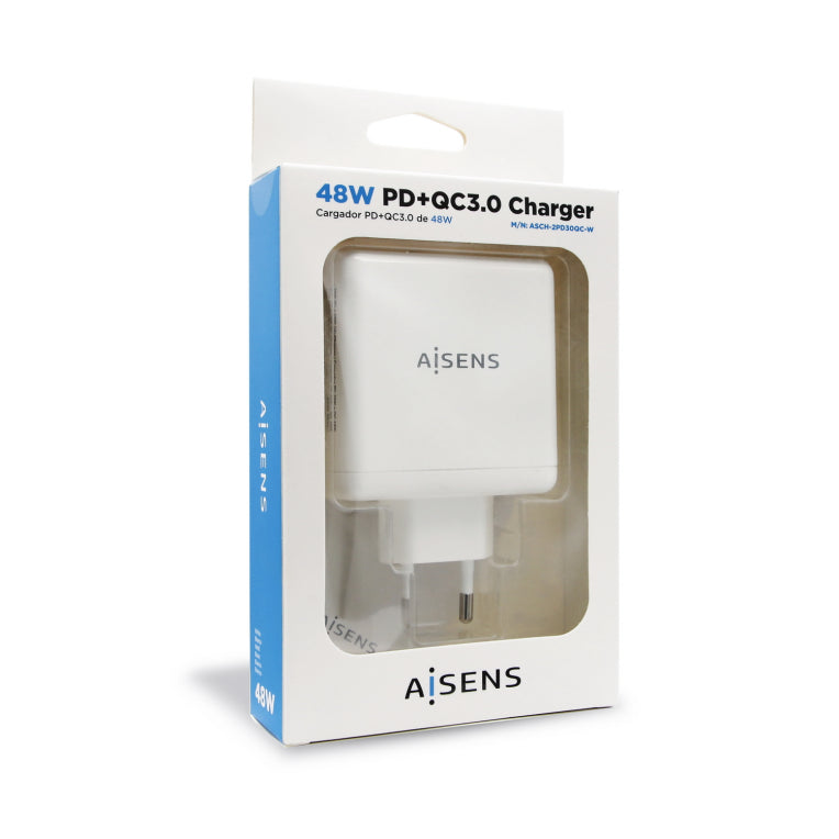 AISENS Cargador 48 W. 1x USB-C PD3.0 30 W. 1x USB-A QC3.0 18 W. Blanco