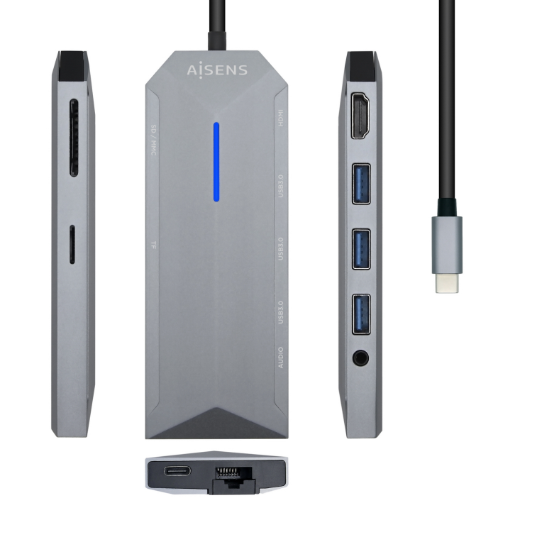 AISENS USB-C Dock 9 en 1. USB-C a 1x HDMI. 1xRJ45. 3x USB. 1x PD. 1x Audio. 1x SD. 1x Micro SD. Gris. 15 cm - detalle