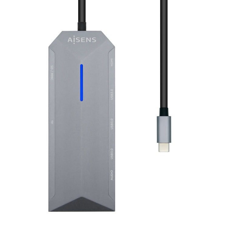 AISENS USB-C Dock 9 en 1. USB-C a 1x HDMI. 1xRJ45. 3x USB. 1x PD. 1x Audio. 1x SD. 1x Micro SD. Gris. 15 cm