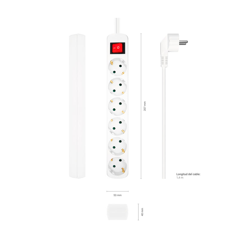 AISENS Base Multiple 6 Tomas Con Interruptor Con Cable 3x1.5mm2. Blanco. 1.4m