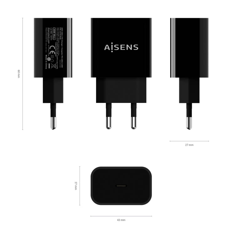 AISENS Cargador USB-C PD3.0 1 Puerto 1x USB-C 20 W. Negro