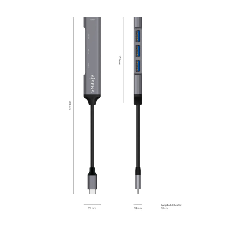 AISENS Hub USB 3.1 USB-C. Tipus C/M - 4x Tipus A/H. Gris. 10 cm