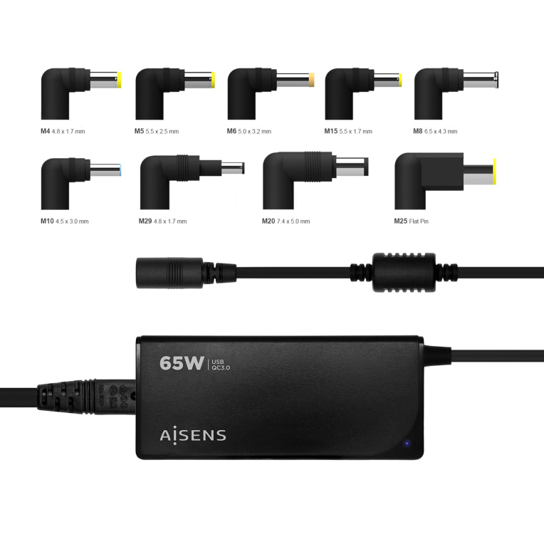 AISENS Carregador 65 W Automatico Universal Multitension Per a Portatil Amb 9 Connectors + USB-A QC.3.0