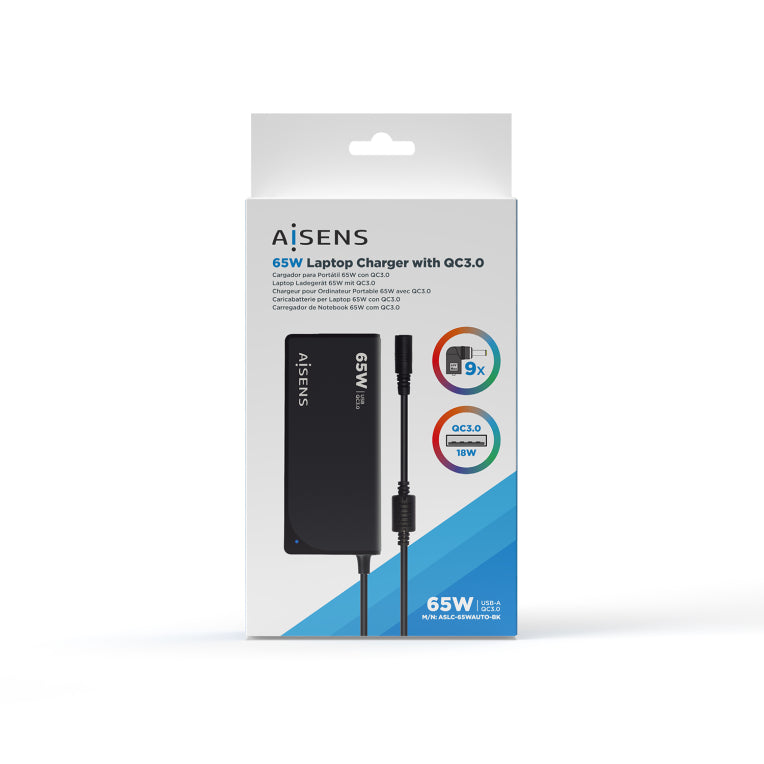 AISENS Carregador 65 W Automatico Universal Multitension Per a Portatil Amb 9 Connectors + USB-A QC.3.0