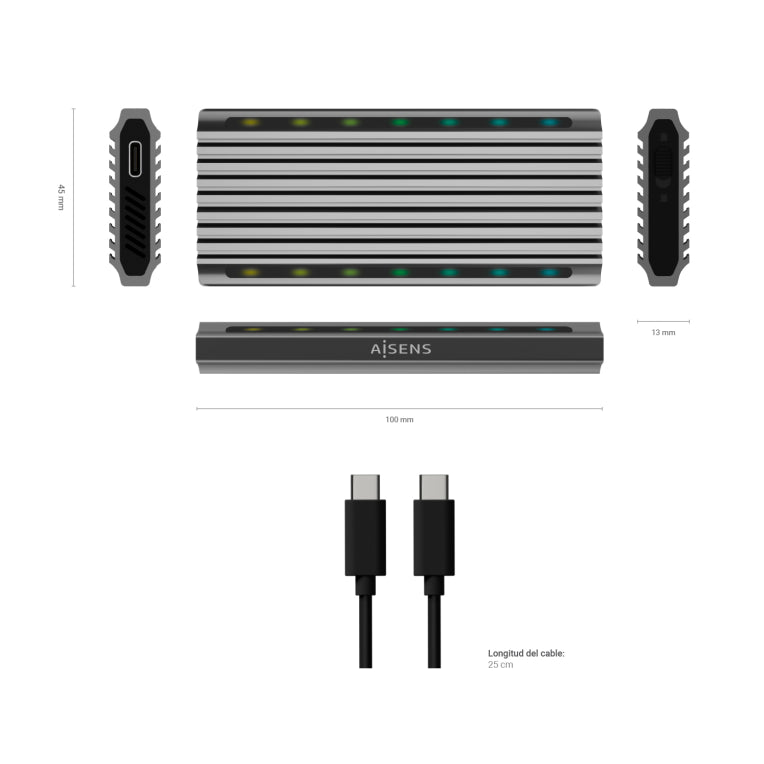 Caixa externa para xogos AISENS M.2 RGB ASM2-RGB011GR SATA/NVMe a USB3.1 Gen2. Gris