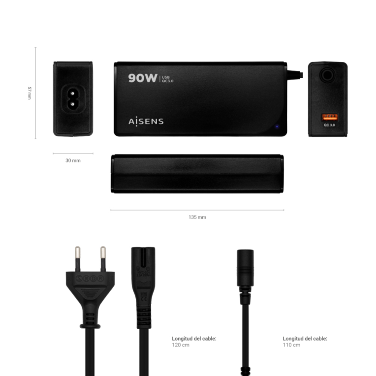 AISENS ASLC-90WAUTO-BK adaptador e inversor de corriente Interior 90 W Negro - detalle