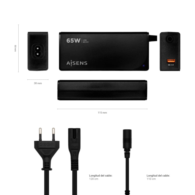 AISENS Carregador 65 W Automatico Universal Multitension Per a Portatil Amb 9 Connectors + USB-A QC.3.0