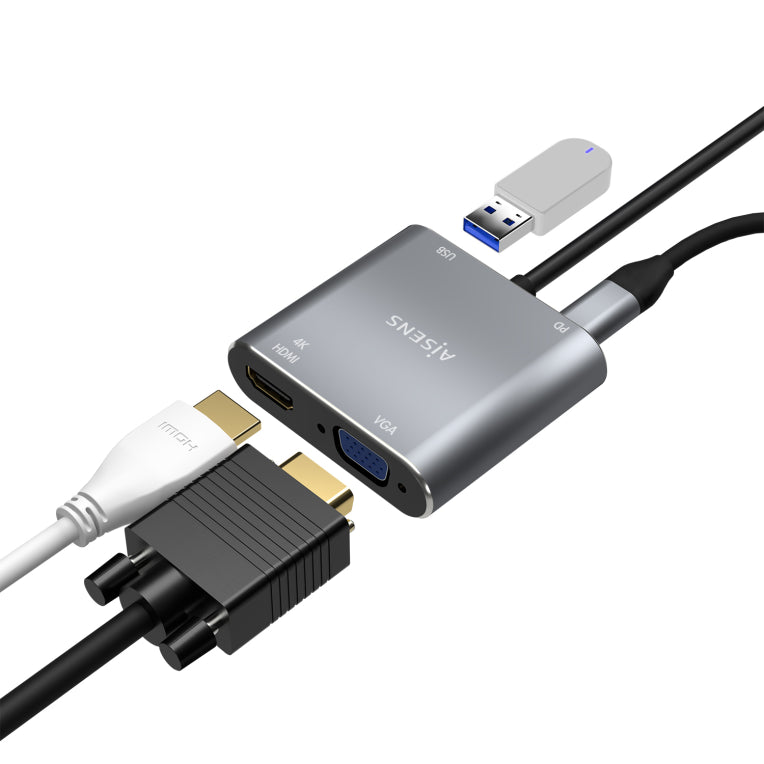 AISENS Conversor USB-C a VGA/HDMI 4K/USB3.0/USB-C PD. USB-C/M-VGA/H-HDMI/H-USB-A/H-USB-C/H. Gris. 15CM
