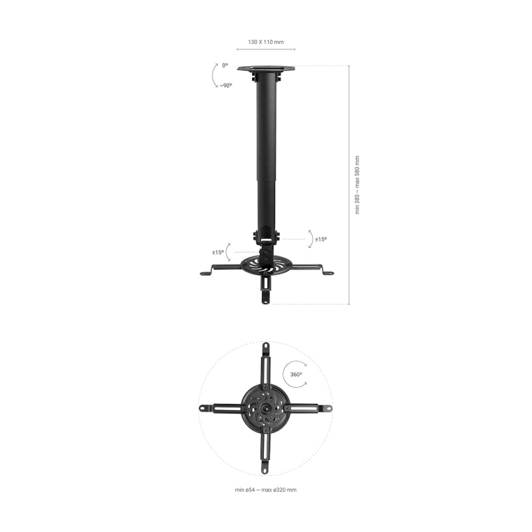 AISENS Soporte Universal Giratorio. Inclinable y Extensible de Techo para Proyector 13.5Kg. Negro