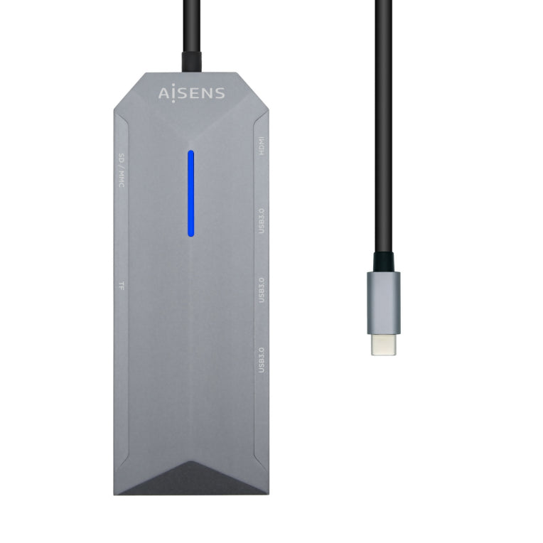 AISENS USB-C dock 8 en 1. USB-C a 1xHDMI. 1xRJ45. 3xUSB. 1xPD. 1xSD. 1xMicroSD. Gris. 15 cm