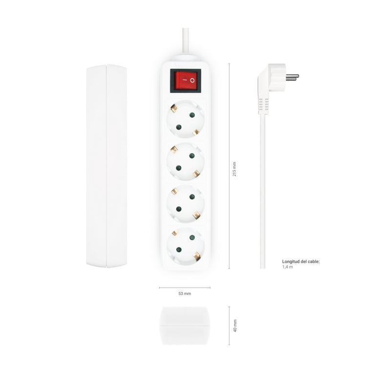 AISENS Base Multiple 4 Tomas con Interruptor con Cable 3×1.5mm2. Blanco. 1.4 m