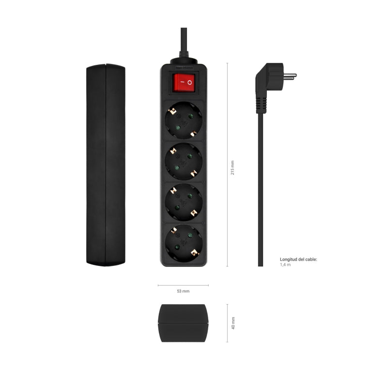 AISENS Base Multiple 4 Tomas con Interruptor con Cable 3×1.5mm2. Negro. 1.4 m
