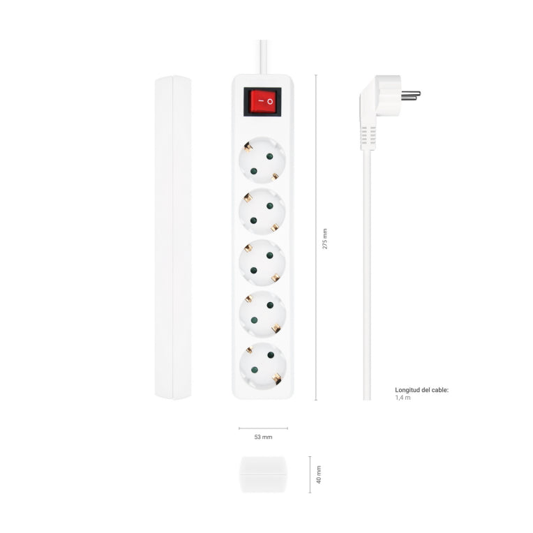 AISENS Base Multiple 5 Tomas con Interruptor con Cable 3×1.5mm2. Blanco. 1.4 m
