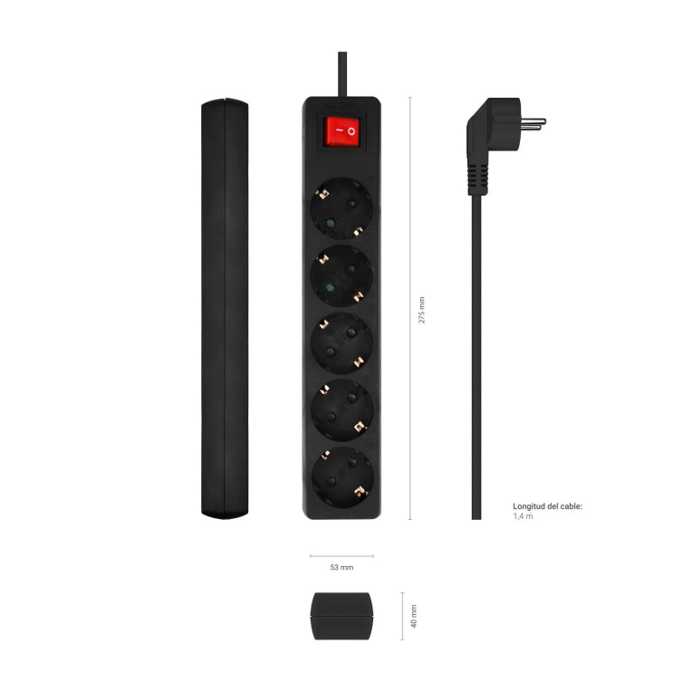 AISENS Base Multiple 5 Tomas con Interruptor con Cable 3×1.5mm2. Negro. 1.4 m
