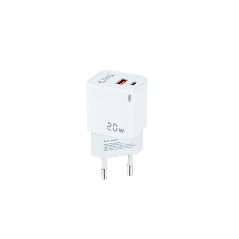 TooQ Carregador de Paret USB-C/PD + USB-A/QC 20W. Blanc