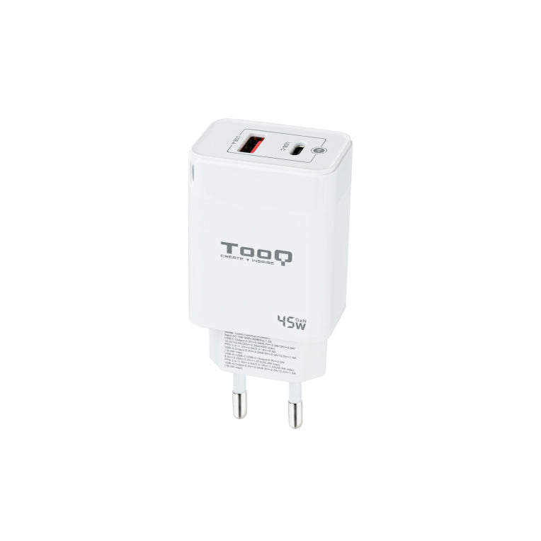TooQ Cargador de Pared GaN USB-C/PD + USB-A/QC 45W. Blanco