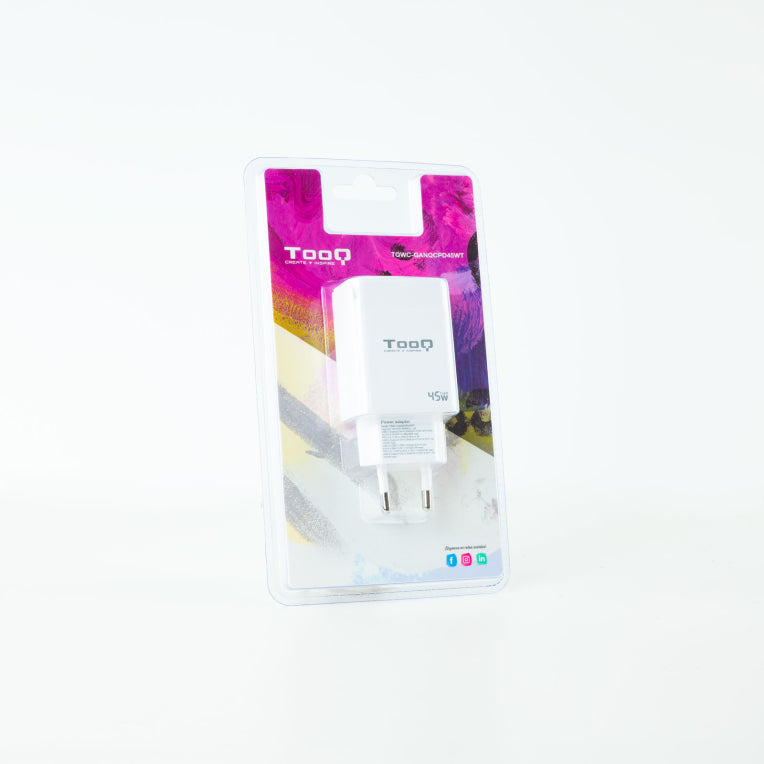 TooQ Cargador de Pared GaN USB-C/PD + USB-A/QC 45W. Blanco