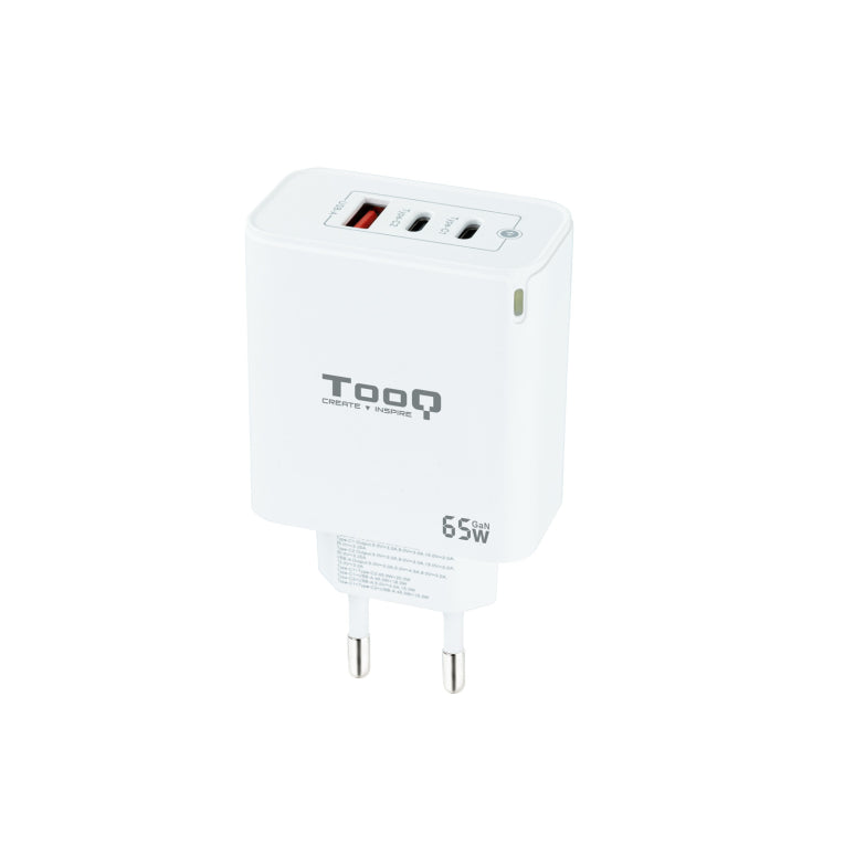 TooQ Carregador de Paret GaN 2USB-C/PD + USB-A/QC 65W. Blanc